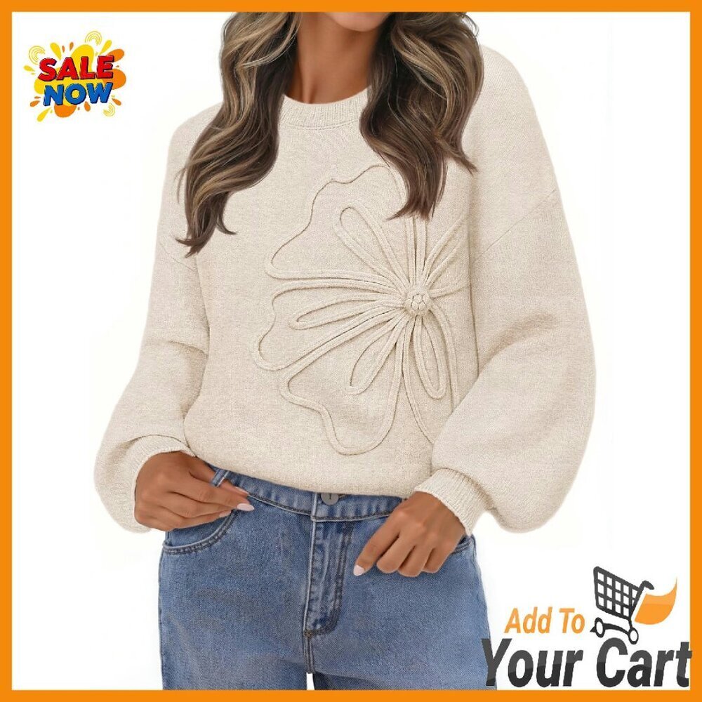 Winter Floral Chunky Knit Sweater Lantern Sleeves Oversized Pullover